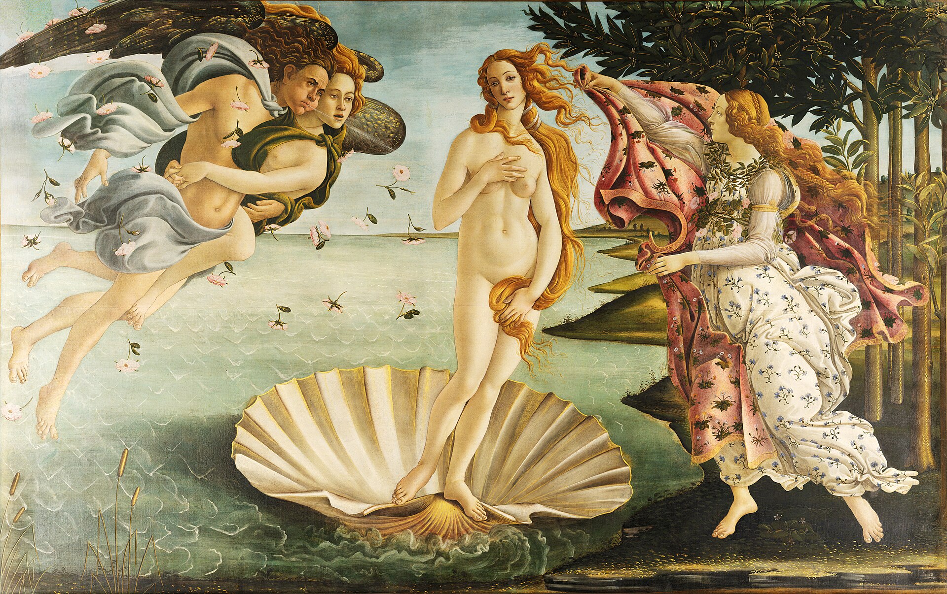 La Naissance de Vénus, un célèbre tableau de Botticelli de 1485, à la Galerie des Offices à Florence, Toscane, Italie. Domaine public