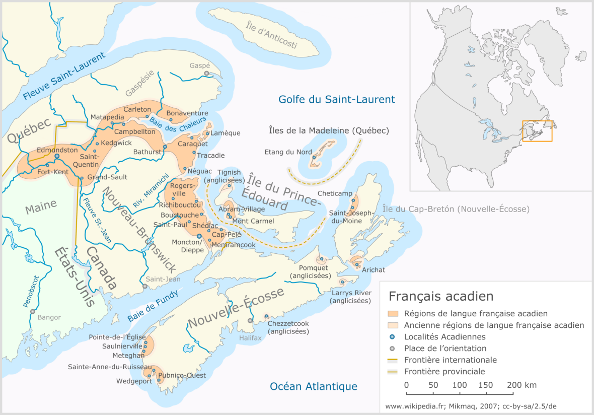 Répartition du français acadien dans l'est du Canada. Par Klaus Mueller — Image (Carte) par Klaus Mueller (Mikmaq), Allemagne, CC BY-SA 2.5.