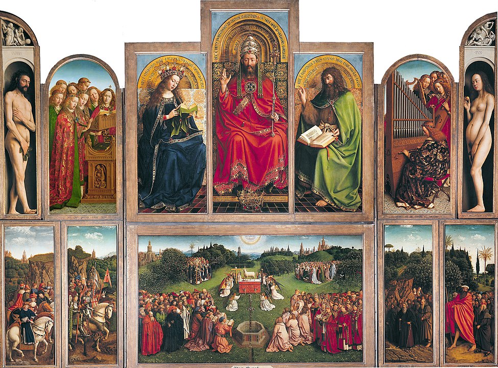 Le retable de L'Agneau mystique, chef-d'œuvre de Hubert et Jan van Eyck.(1432) qui se trouve dans la cathédrale Saint-Bavon de Gand— Domaine public.