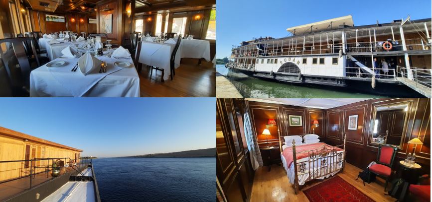 Salle à manger, vue générale, vue sur le Nil et cabine du Steam Ship Sudan. Photos  © Daniel Desjardins