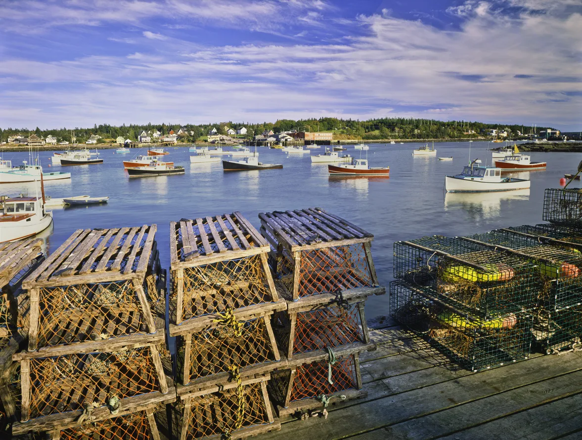 Pièges à homard sur un quai du port de pêche de Bernard au Maine, en Nouvelle-Angleterre, USA.  © iStock / Ron and Patty Thomas